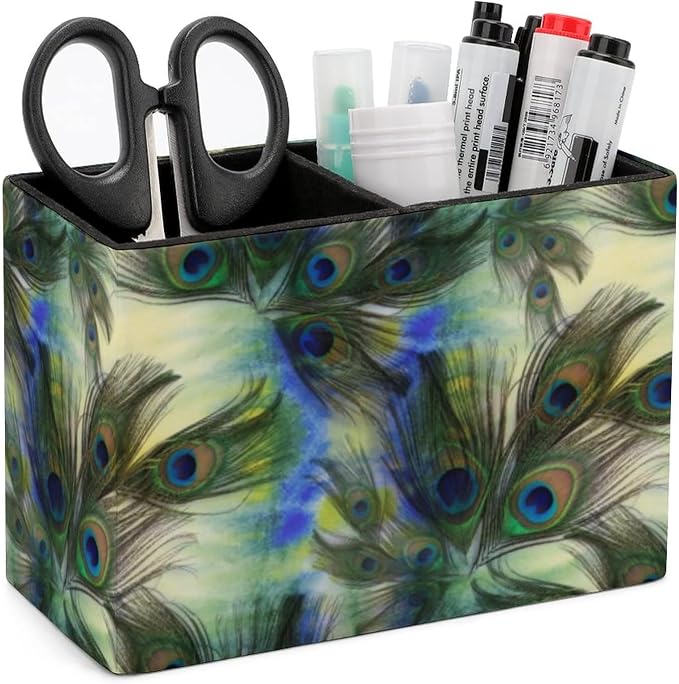 Niapessel Pencil Holder for Desk, Peacock Feathers Pen Holder Storage Desktop Pen Organizer Desk Pencil Organizer Makeup Brush Holder for Office School College Leather