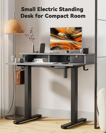 JOY worker Small Electric Standing Desk, 35" x 25" Height Adjustable Table with Built-in Monitor Stand & Storage Drawer, Grey Sit Stand Desk with 2 Hooks for Home Office