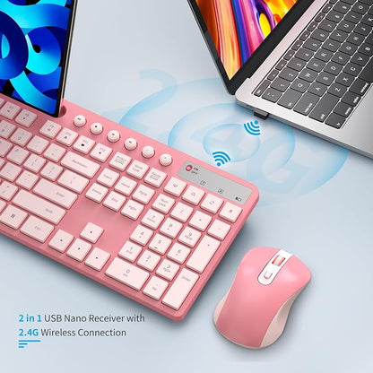 Wireless Keyboard and Mouse Combo, MARVO 2.4G Ergonomic Wireless Computer Keyboard with Phone Tablet Holder, Silent Mouse with 6 Button, Compatible with MacBook, Windows (Sakura Pink)