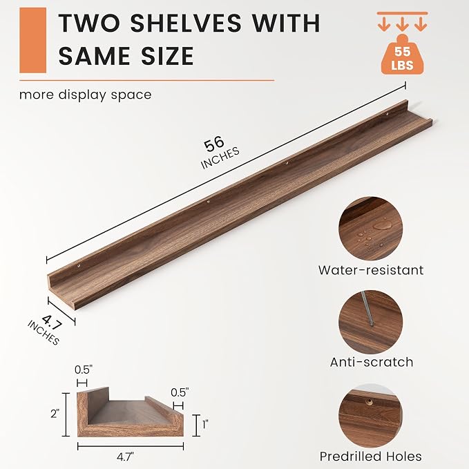 FLYJOE Picture Ledge Shelf, Floating Shelves Set of 2, 56 Inches Long Large Nursery Book Shelves for Toys Storage, Kids Bookshelf Wall Mounted for Living Room Bedroom Decor Books Photo Frames, Walnut