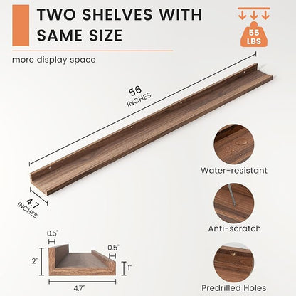 FLYJOE Picture Ledge Shelf, Floating Shelves Set of 2, 56 Inches Long Large Nursery Book Shelves for Toys Storage, Kids Bookshelf Wall Mounted for Living Room Bedroom Decor Books Photo Frames, Walnut