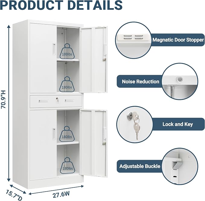 71" H Tall Metal Storage Cabinet with Drawer, Metal Garage Storage Cabinet with Lock and 2 Adjustable Shelves for Home, Office, Garage, Warehouse Organize, White