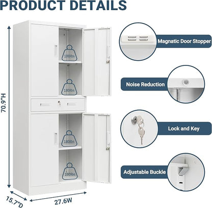 71" H Tall Metal Storage Cabinet with Drawer, Metal Garage Storage Cabinet with Lock and 2 Adjustable Shelves for Home, Office, Garage, Warehouse Organize, White