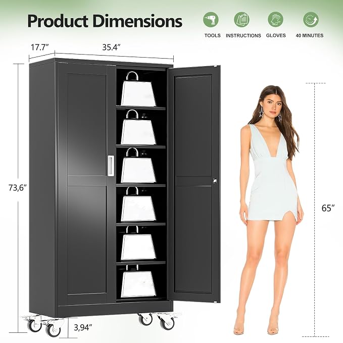 Metal Garage Storage Cabinets and storage system, 74”Tall Rolling utility cabinet with Wheels, Lock, 5 Adjustable Shelves, Heavy Duty Steel Tool Locker for Home Office, Utility Room, Gym,Black