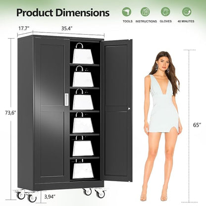 Metal Garage Storage Cabinets and storage system, 74”Tall Rolling utility cabinet with Wheels, Lock, 5 Adjustable Shelves, Heavy Duty Steel Tool Locker for Home Office, Utility Room, Gym,Black