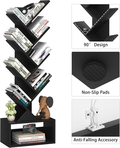 SHEEPAM 9 Tier Tree Bookshelf,Christmas Green Bookcase for Narrow Space, Storage Organizer Floor Standing Bookshelves for Books, Tall Book Case for Home Office, Living Room, Bedroom