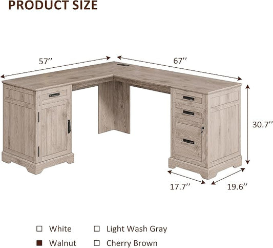 Whalefall 67'' Farmhouse L-Shaped Desk with Drawers for Home Office, Gray | Computer Corner Desk with File Cabinet and Charging Station, Large Executive L Desk with Locking Drawers Storage