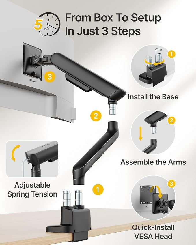 monTEK Dual Monitor Arm with USB, Mechanical Spring Desk Mount for 17 to 35 Inch Screens, Smooth Precision Bearings, Holds up to 26.4 lbs Per Arm, C-Clamp/Grommet Base, Perfect for Office Workspaces