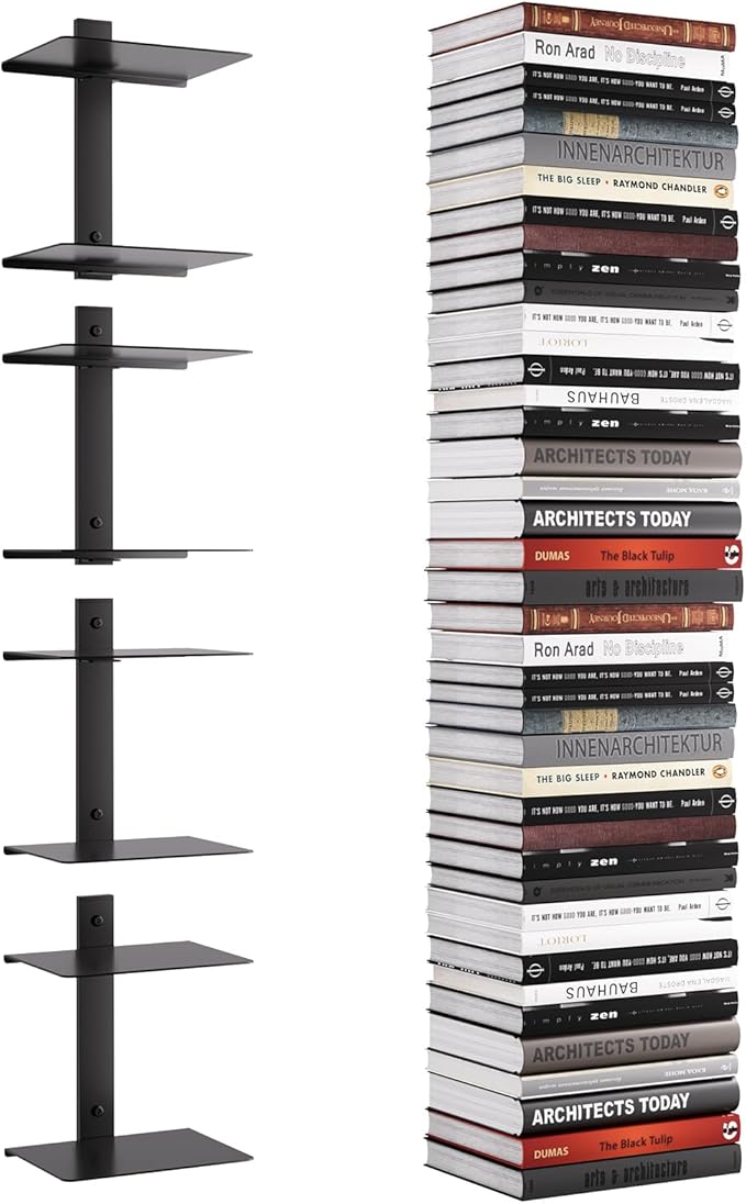 Invisible Floating Bookshelf for Wall, 8 Tier Vertical Spine Book Tower Wall Mounted, Heavy-Duty Metal Book Organizers for Home Office, 4 Pack Black