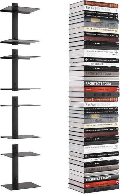 Invisible Floating Bookshelf for Wall, 8 Tier Vertical Spine Book Tower Wall Mounted, Heavy-Duty Metal Book Organizers for Home Office, 4 Pack Black