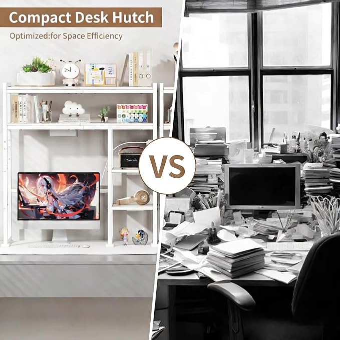Aetheris Desktop Organizer Shelf, 30" Wooden Office Storage Rack with Outlets, Display Shelf Rack with Light Strip, 5 Tier Desktop Display Rac, Desk Shelf, Desk Hutch for Computer Monitor (White)
