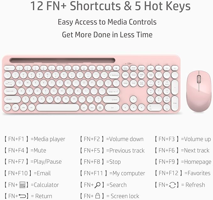 LeadsaiL Pink Wireless Keyboard and Mouse Combo, Full-Sized Ergonomic Computer Keyboard with Phone Tablet Holder, 2.4GHz Silent Cordless Keyboard Mouse Set for Windows Laptop, PC, Desktop