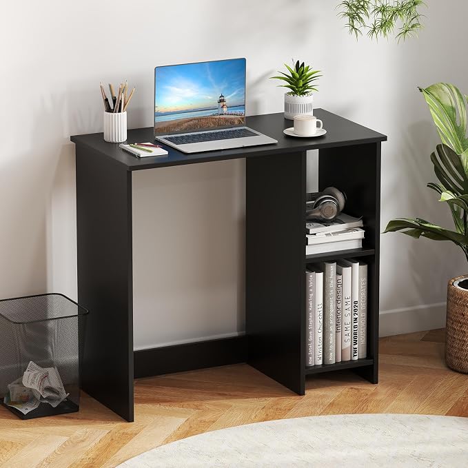 Giantex Small Desk with Storage, 31.5 Inch Home Office Computer Desk with Shelves, Space Saving Study Writing Desk, Modern Simple Laptop Desk for Small Spaces (Black)