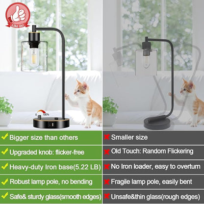 Set of 2 Black and Gold Industrial Table Lamps with USB Port, Fully Stepless Dimmable Bedside Lamps for bedrooms, Nightstand Desk Lamps with Clear Glass Shade for Reading Office 2 LED Bulb Included