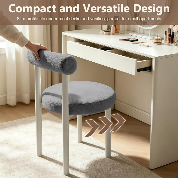 Cute Small Armless Desk Chair, Ergonomic Comfy Vanity Chairs Lumbar Support with Back for Makeup, Teddy Fabric Computer Desk Chair for Home, Bedroom, Vanity, Teens, Adults