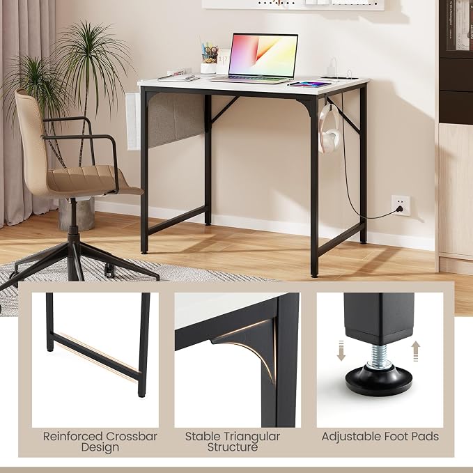 COSTWAY Home Office Desk, 32 Inch Computer Desk with Recessed Power Strip, Storage Bag & Headphone Hook, Wide Desktop, Modern Computer Workstation Writing Table for Home, Office (White + Black)
