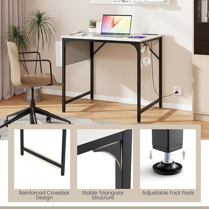 COSTWAY Home Office Desk, 32 Inch Computer Desk with Recessed Power Strip, Storage Bag & Headphone Hook, Wide Desktop, Modern Computer Workstation Writing Table for Home, Office (White + Black)