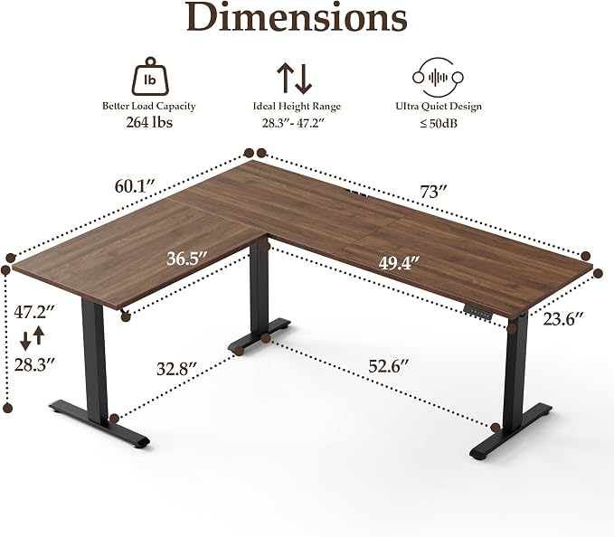 Klicelor L Shaped Standing Desk 73 x 60 Inch, Electric Height Adjustable Corner Desk for Home Office Workstation, Ergonomic Sit Stand Computer Table with Memory Controller, Dark Walnut