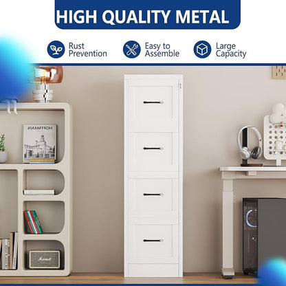 Ckzbx 4 Drawer File Cabinet with Lock, Narrow Vertical Filing Cabinet, Under Desk File Cabinets,White Metal File Cabinets for Home Office,Fit Letter/A4/Legal Size File