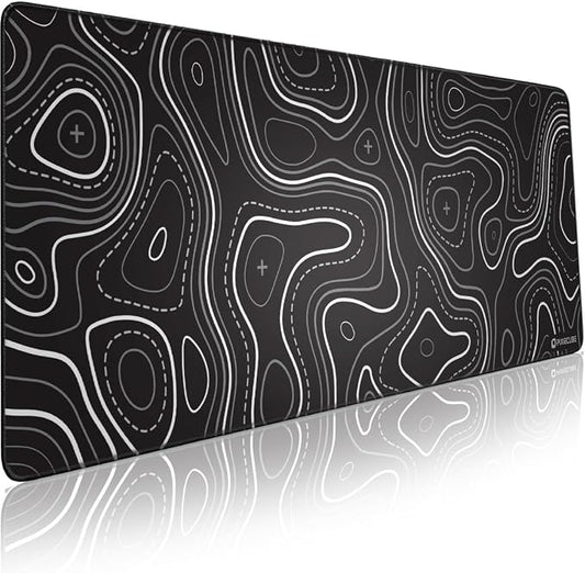 Pixiecube Minimalist Topographic Map Mouse Pad - Contour Extended Large Stitch Edge Mousepad. Black & White Non-Slip XXL Gaming Desk Mat