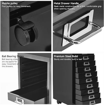 File Cabinet Mini 10 Tier Metal File Organizer Document Organizer with Wheel, Black Color, for Home Office, Office Desk File