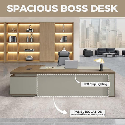 L Shape Executive Desk with Reversible Drawer Cabinet, Lockable Storage & Cable Box, Large Modern Office Desk for CEO or Home Workspace (Black Walnut+Khaki, 95" L*71" W*30" H)