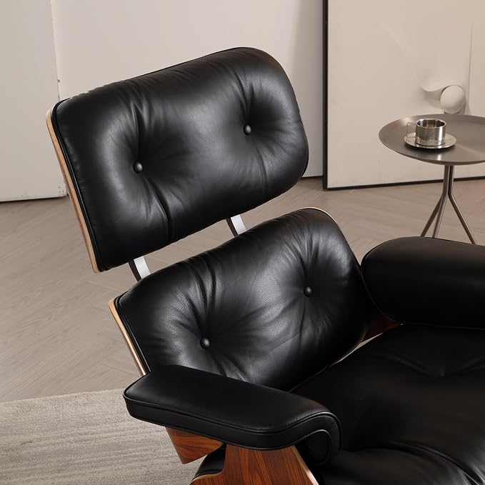 Mid Century Chaise Lounge Chair with Ottoman, Genuine Leather Reading Chair, Modern Chair Classic Design, Heavy Duty Base Support for Living Room Study Lounge Office,Tall Upgraded, Palisander Black