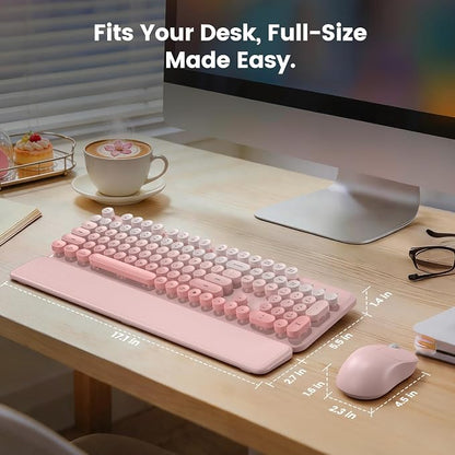 Wireless Keyboard and Mouse Combo, Magnetic Soft-Touch Wrist Rest, Round Keycaps, Full-Size Retro Typewriter Keyboard, 2-Stage Tilt Legs, Auto Sleep, 2.4GHz Cordless for Windows PC, Blush Pink Ombre
