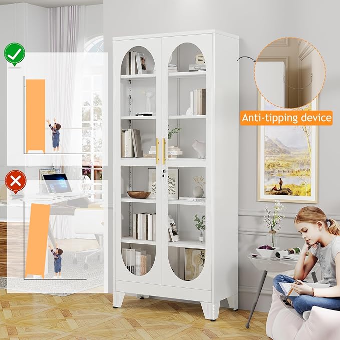 PAOFIN 75" H Locking Display Cabinet with Glass Door, Metal Cabinets with 5 Adjustable Shelves, Cabinet Display Case for Living Room, Collectibles, Clinic, Home - Assembly Required White