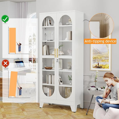 PAOFIN 75" H Locking Display Cabinet with Glass Door, Metal Cabinets with 5 Adjustable Shelves, Cabinet Display Case for Living Room, Collectibles, Clinic, Home - Assembly Required White