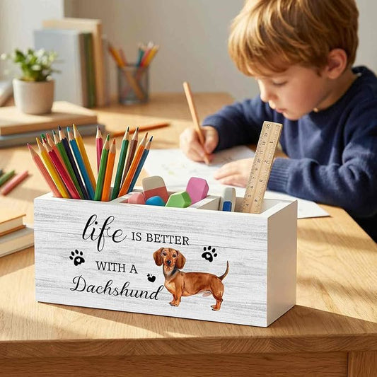 Dachshund Dog Pencil Pen Holder for Desk Organizer, Dachshund Gifts for Women Men, Weiner Dog Gifts Wooden Box Decorations for Home Bedroom Office Desk Tabletop Decor