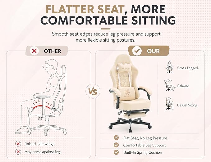 Office Desk Computer Gaming Chair for Adults, Ergonomic High Back Gamer Chair with Massage and Pocket Spring Cushion, Swivel Comfy Video Game Chairs with Footrest and Lumbar Support (Pro Beige)