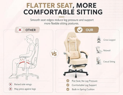Office Desk Computer Gaming Chair for Adults, Ergonomic High Back Gamer Chair with Massage and Pocket Spring Cushion, Swivel Comfy Video Game Chairs with Footrest and Lumbar Support (Pro Beige)