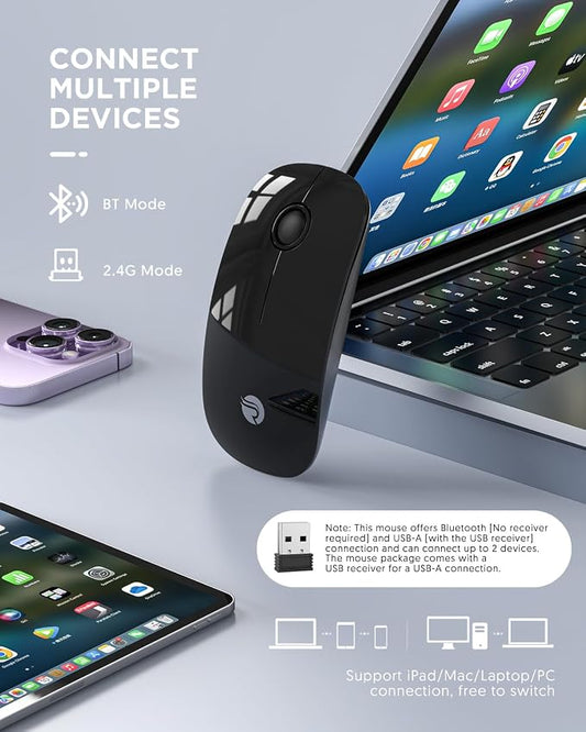 RAPIQUE Bluetooth Wireless Mouse - (BT5.1+USB) Slim Dual Mode Computer Mice with Quiet Click, Low Power, and 1600 DPI, Portable Mouse for MacBook, Laptop, iPad Pro/Air, Surface Pro (Black)