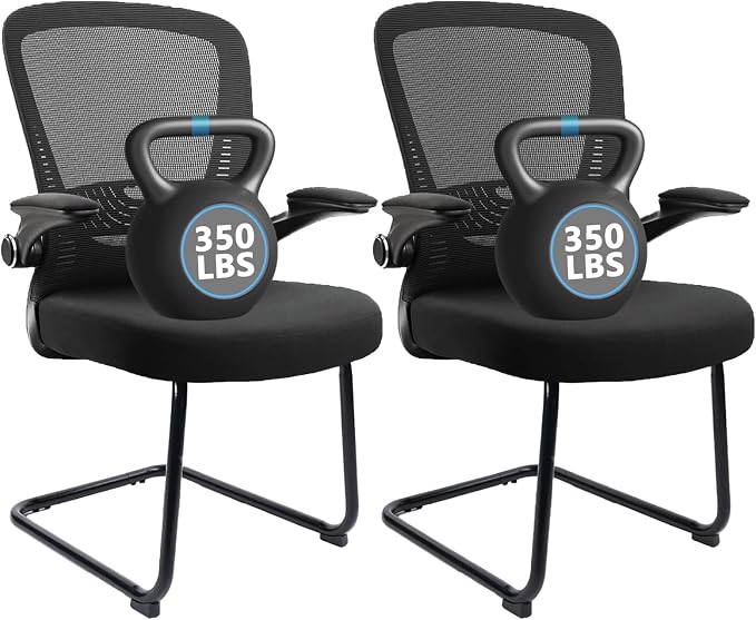 CLATINA Office Guest Chair no Wheels, Ergonomic Mesh Desk Chair Adjustable Lumbar Support and Flip Up Arms, Sled Base for Office Guest & Reception Chairs for Conference Room,Black (2PK)