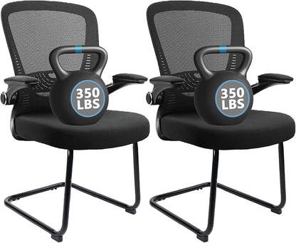 CLATINA Office Guest Chair no Wheels, Ergonomic Mesh Desk Chair Adjustable Lumbar Support and Flip Up Arms, Sled Base for Office Guest & Reception Chairs for Conference Room,Black (2PK)