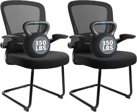 CLATINA Office Guest Chair no Wheels, Ergonomic Mesh Desk Chair Adjustable Lumbar Support and Flip Up Arms, Sled Base for Office Guest & Reception Chairs for Conference Room,Black (2PK)