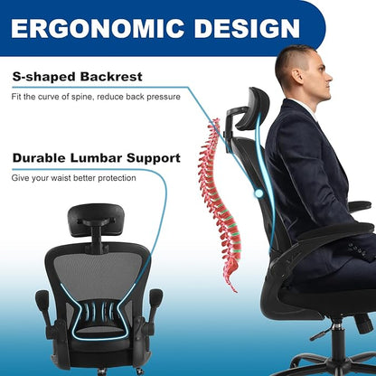 Youhauchair Mesh Office Chair, Ergonomic Computer Chair with Flip-up Arms and Lumbar Support, Height Adjustable Home Office Desk Chairs