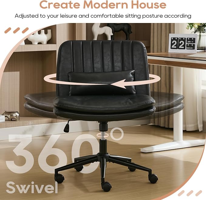 IPKIG Criss Cross Chair, Small Armless Desk Office Computer Chair with Wheels and Lumbar Pillow, Comfy Adjustable Swivel Task Vanity Chair, PU Leather, Glossy Black