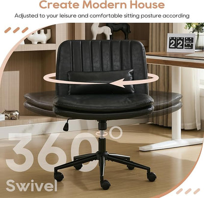 IPKIG Criss Cross Chair, Small Armless Desk Office Computer Chair with Wheels and Lumbar Pillow, Comfy Adjustable Swivel Task Vanity Chair, PU Leather, Glossy Black