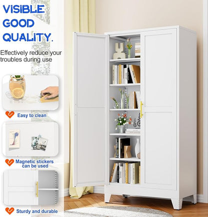 GAIOUS 75.2" Tall Metal Storage Cabinet with 2 Doors and 5 Adjustable Shelves, New upgrade Kitchen Pantry Cabinet, White Freestanding Cupboard, 6 Tier Steel Storage for Office, Kitchen, Dining, Garage