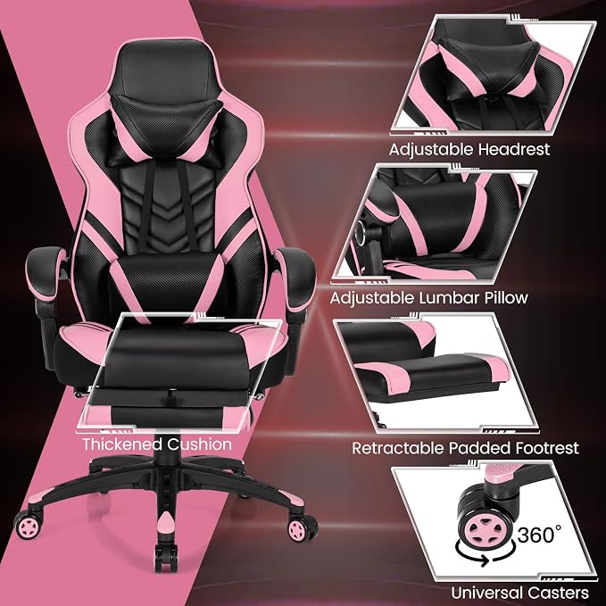 Goplus Gaming Chair, Computer Chair with Footrest and Lumbar Support, Height Adjustable Executive Swivel Rolling Task Chair with 90°-155° Tilt Function (Pink)