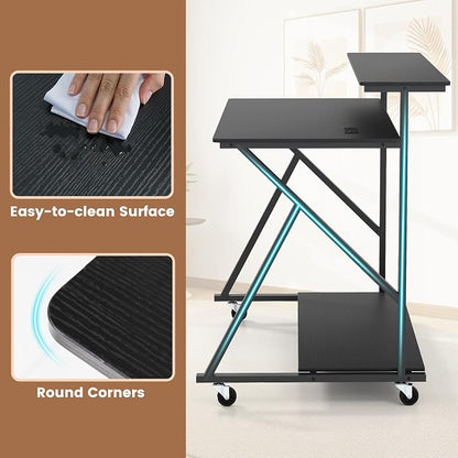 Giantex Rolling Computer Desk with Charging Station, Mobile Portable Laptop Desk with Monitor Stand & Storage Shelf, Small Desk with Lockable Wheels for Small Spaces, Home Office (Black)