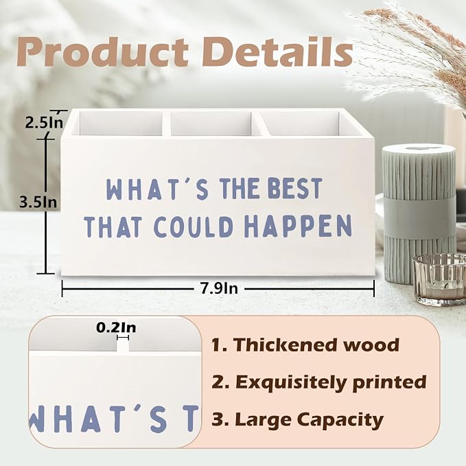 What's the Best That Could Happen Inspirational Wooden Pen Pencil Holder for Office Desk Accessories, Motivational Desk Decor, Retro Blue Makeup Brush Toothbrush Holder Organizer