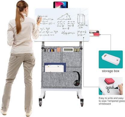 KOUPA Adjustable Height Standing Desk, 24 in Writable Tempered Glass Desktop with Eraser, 360° Flip, Wheels and Bag– Ideal for Small Spaces and Home Offices, White(Adjustable Height: 32-47 in)