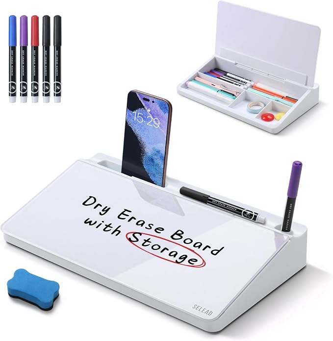 SELEAD Desktop Glass Whiteboard with Storage, Small Dry Erase White Board Computer Pad Keyboard Stand for Home, School, Office Desk Accessories - White