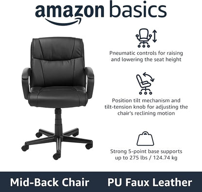 Amazon Basics Office Task Chair with Adjustable Height, 360° Swivel, Padded Armrests, Mid-Back, Rolling, 275 Pound Capacity, 24.2"D x 24"W x 34.8"H, Black Faux Leather