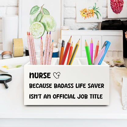 Funny Nurse Pen Pencil Holder Organizer for Desk, Nurse Office Decor, Nursing Week Gifts, Nursing Gifts for Women Female Nurses Wooden Box Sign for Office Workplace Desk Tabletop Decorations