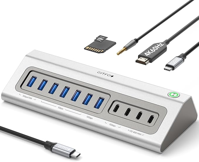 Giftos Powered USB Hub, 18 in 1 USB 3.2 Hub with 4K HDMI, PD 100W,45W Charge,10Gbps USB,SD/TF,Audio, 65W Adapter,3.3FT Cable,Aluminum,Smart Button, USB Hub for Mac, Mac mini, iMac,iPhone 17/16,iPad