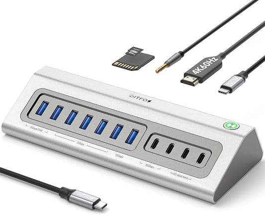 Giftos Powered USB Hub, 18 in 1 USB 3.2 Hub with 4K HDMI, PD 100W,45W Charge,10Gbps USB,SD/TF,Audio, 65W Adapter,3.3FT Cable,Aluminum,Smart Button, USB Hub for Mac, Mac mini, iMac,iPhone 17/16,iPad